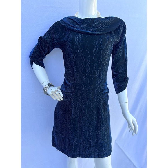 80’s Metallic Blue Threaded Sheath Dress - Picture 1 of 11